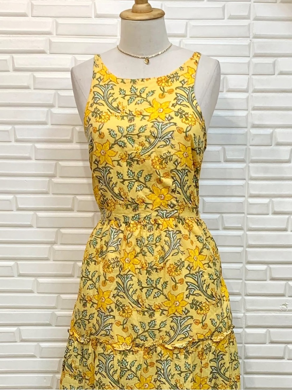 Mango Halter Neck Lace-Up Back Tiered Floral Maxi Dress in Yellow - Picture 10 of 13